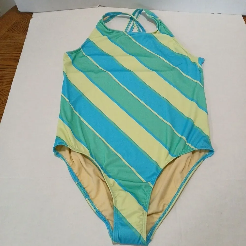 Lands End Girls Xlg (14-16) Chlorine Resistant 1 Pc Strped Swimsuit Multicolor